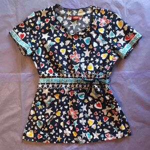 Dickies Hearts Stars Butterflies Scrub Top Size Small